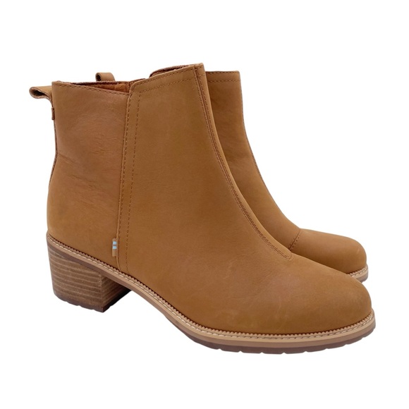 NEW Toms Marina Boots Tan Smooth Waxy Leather Block Heel Casual Women's Size 12 - Picture 1 of 11